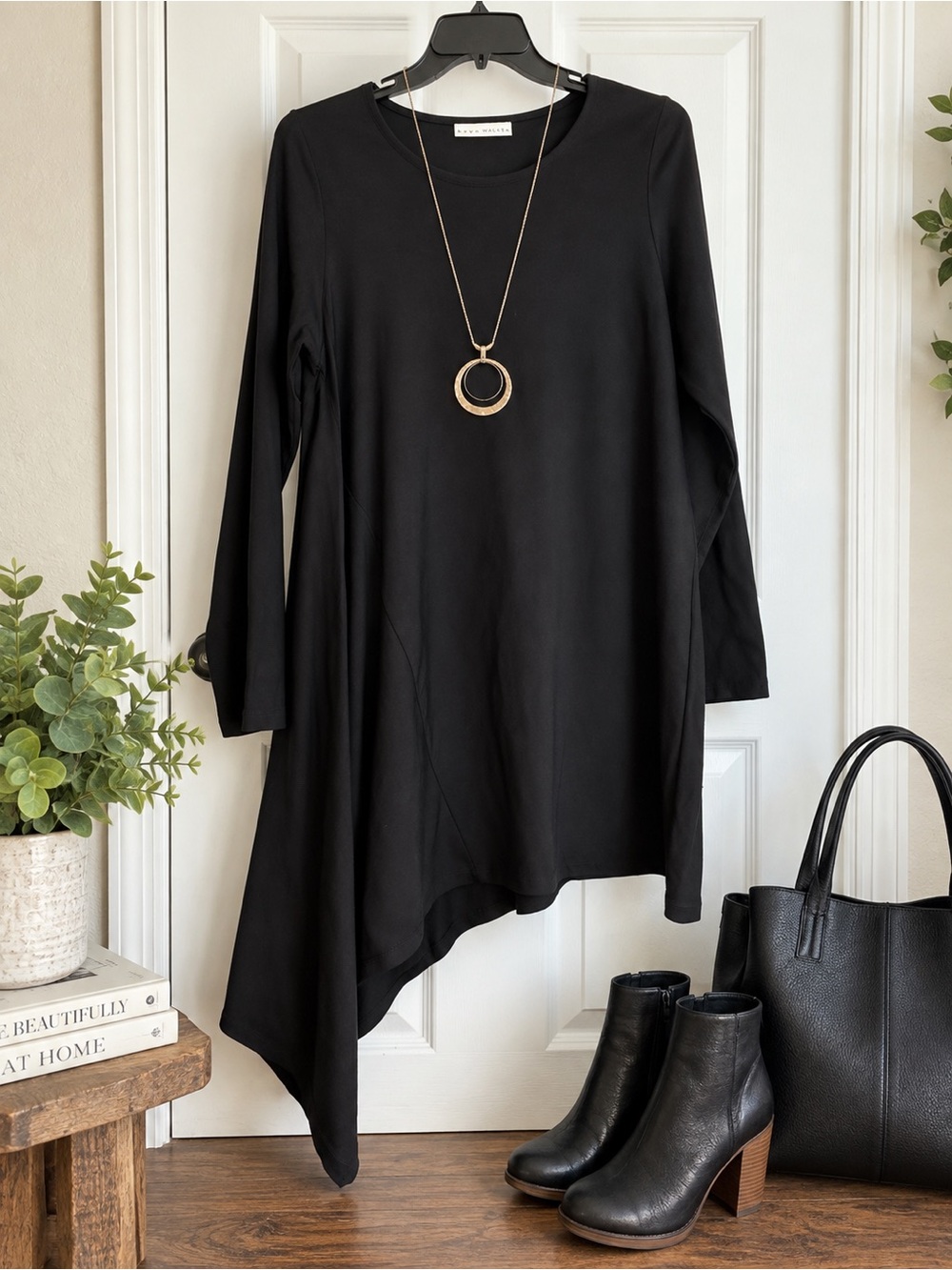 bryn Walker Black Asymmetrical Hem Long-Sleeve Dress